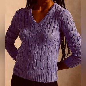 Polo Ralph Lauren Sky Lavender Cable Knit V-neck Sweater Size Large Cotton